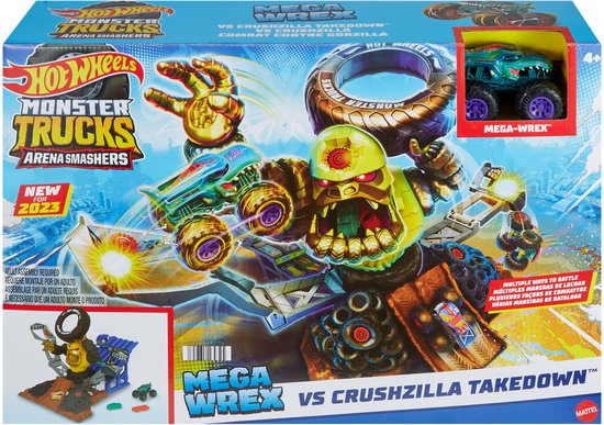Hot Wheels Monster Trucks Arena Smashers verpakking, met Megawrex en Crushzilla Takedown.