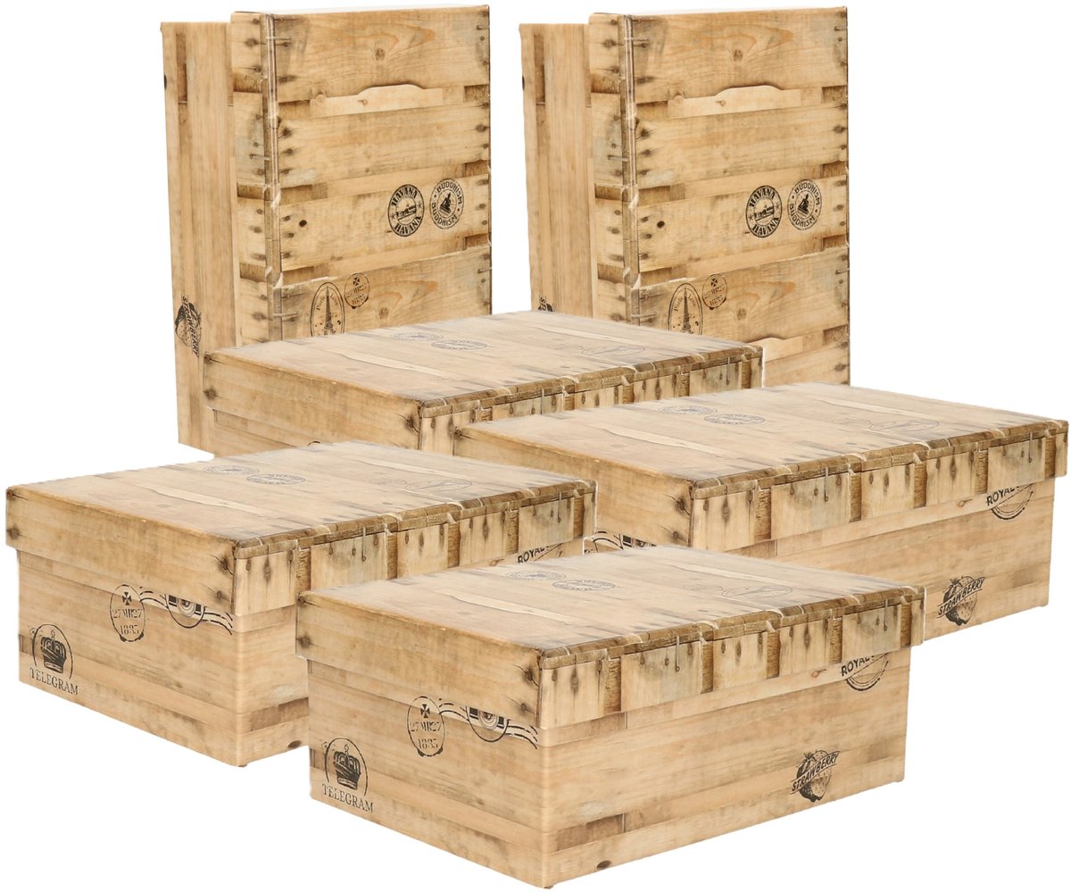 5Five Opbergdoos/box - 6x - houtkleur - L28 x B19 x H10 cm - Stevig karton - Woodybox