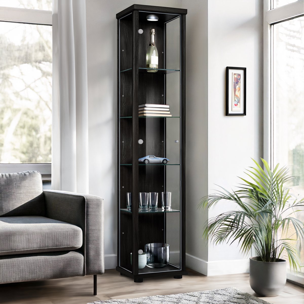 K-Möbel Vitrinekast met glas staand met 1 deur, 4 in hoogte verstelbare glasplanken - Vitrinekast met led verlichting - 176x37x33 cm - Zwart