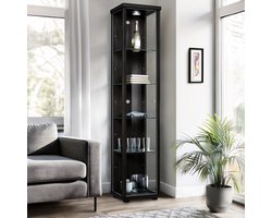 K-Möbel Vitrinekast met glas staand met 1 deur, 4 in hoogte verstelbare glasplanken - Vitrinekast met led verlichting - 176x37x33 cm - Zwart