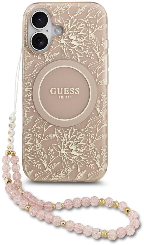 Guess IML Flowers Allover geschikt voor iPhone 17 hoesje - MagSafe compatibel en Koord - Roze
