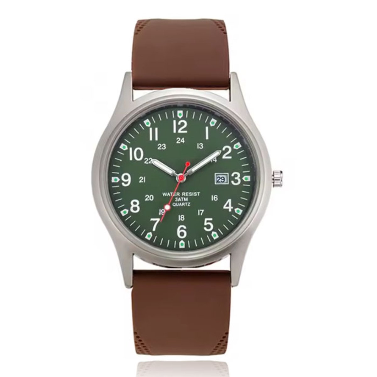 Groen herenhorloge met datumweergave en bruine band - Waterbestendig quartz design