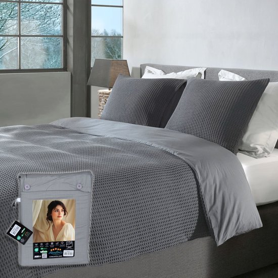 Housse de couette gaufrée – LitaLente Gris clair – 100 % Katoen – Luxe et respirante – Comprend 2 Taies d'oreiller 60 x 70 cm – Qualité hôtelière – Infroissable et résistante – Convient aux Dekbed de 260 x 220 cm