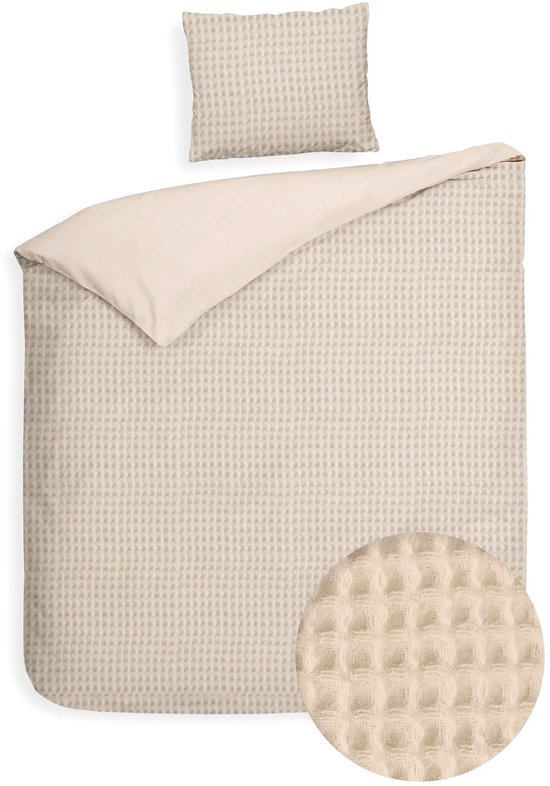 Wafel Dekbedovertrek - LitaLente Zand - 100% Katoen - 140x220 cm - Luxe & Ademend - Inclusief 1 Kussenslopen 60x70 cm - Hotelkwaliteit - Krimpvrij & Duurzaam - Geschikt voor Dekbed 140x220 cm van Merkloos — afbeelding 4