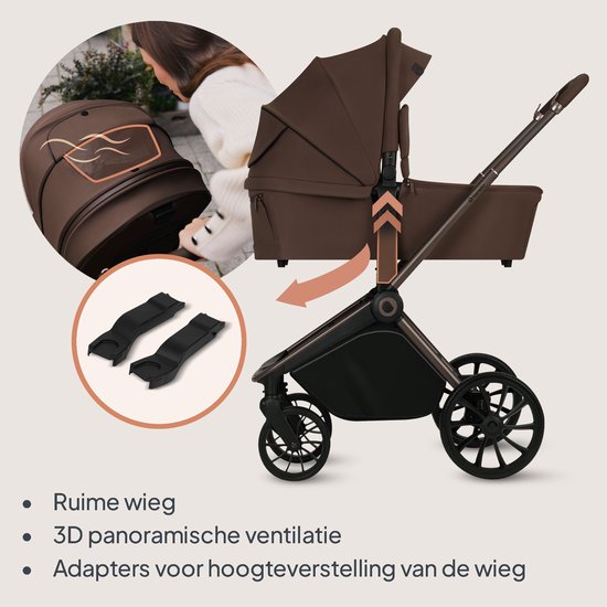 Een bruine kinderwagen met wieg en adapters. Tekst: Ruime wieg, 3D panoramische ventilatie, Adapters voor hoogteverstelling wieg.