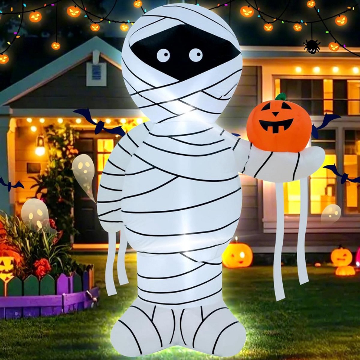 Thuys – 4ft Halloween Ballon - Mummie Met Pompoen - Griezelige Mummie Houdt Jack-O-Lantaarn - Outdoor Halloween Decoratie Voor Tuin En Feest - Waterdicht - Gemakkelijk Opblaasbaar - Lichtgevende Halloween