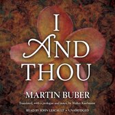 Boekcover met de titel 'I AND THOU' van Martin Buber, met een bloem op een donkere, patroonachtige achtergrond.