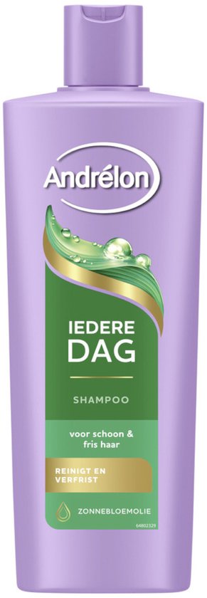 Andrélon Iedere Dag shampoo, 400ml, paarse fles met groene en gouden label.