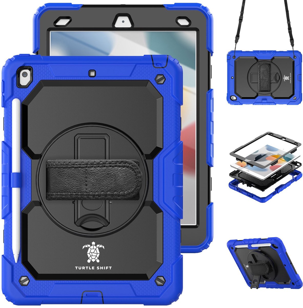 Geschikt voor iPad 9/8/7 Hoes - 9e/8e/7e Generatie - 10.2 Inch - 2021/2020/2019 - Turtle Shift Cover Hoesje - Schouderriem - Handriem - Shockproof - Met Standaard - Apple Pencil Houder - Blauw