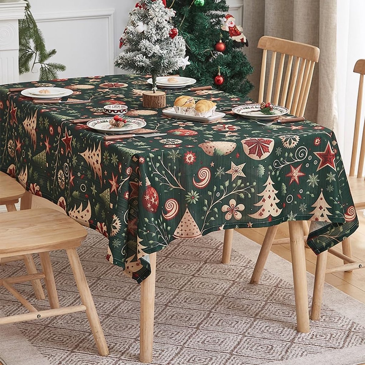 Sander Shop Kersttafelkleed, Vintage Kerstboomdecoratie Tafelkleed, Rechthoekig Rood Tafelkleed Sfeerdecoratie Tafel, Feesttafel Decoratie(Groen,140 * 180cm)
