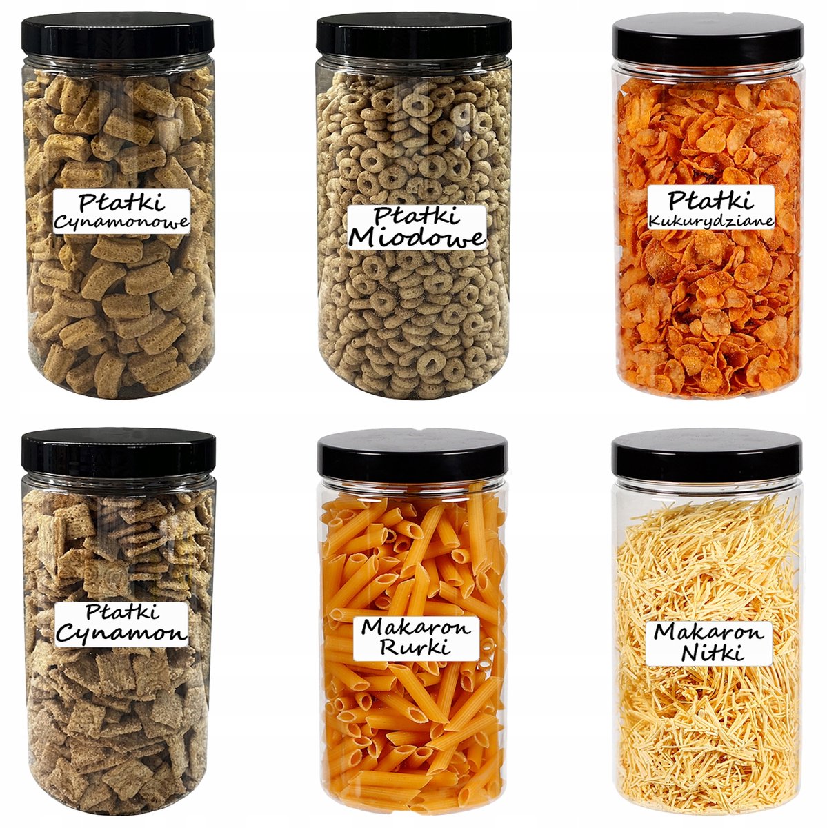 Voorraadpan Pasta 1,5L met zwart deksel en etiketten - Set van 6