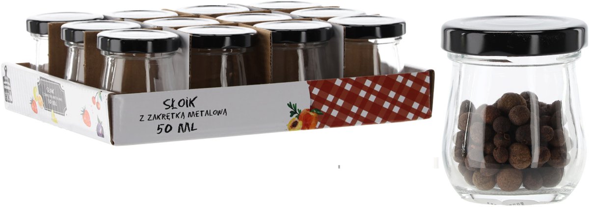 Glazen Potje 50ml met Zwarte Metalen Deksel voor Kruiden, Honing, Jam