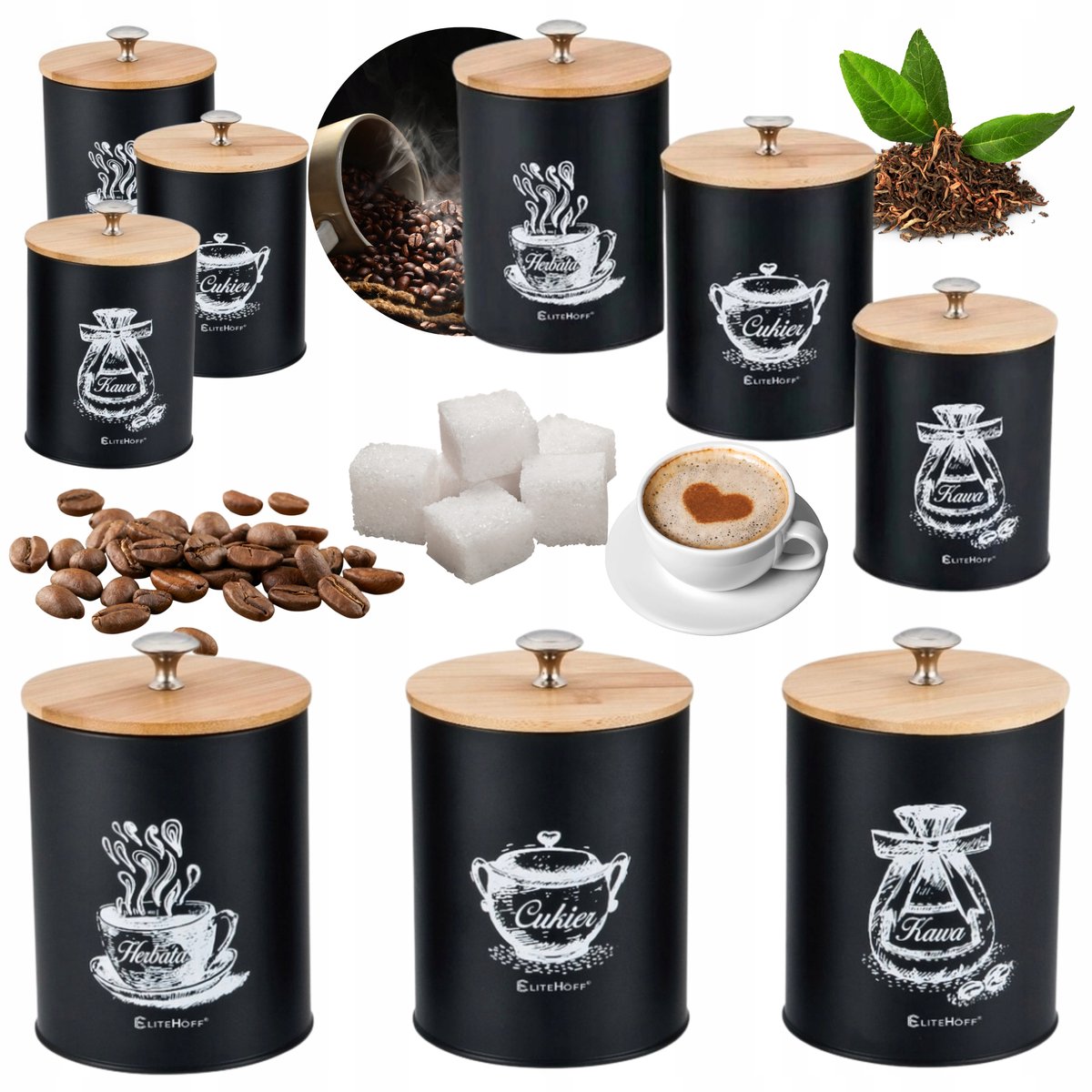 Keukenpottenset: Koffie, Thee, Suiker - 3 Stuks Metaal & Bamboe