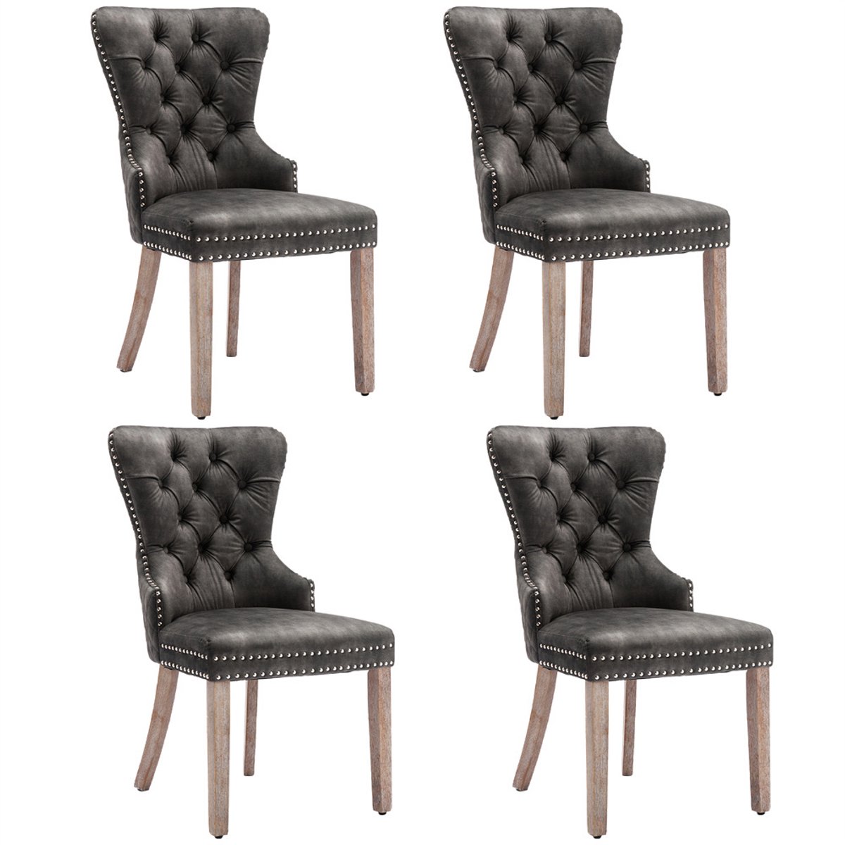 YEHTOKHOME Fluwelen Eetkamerstoelen Set van 4, Keukenstoel Woonkamerstoel met unieke deurklopper op de rugleuning, Gestoffeerde stoel met spijkerkop, Massief houten poten, Velvet bekleding, Grijs