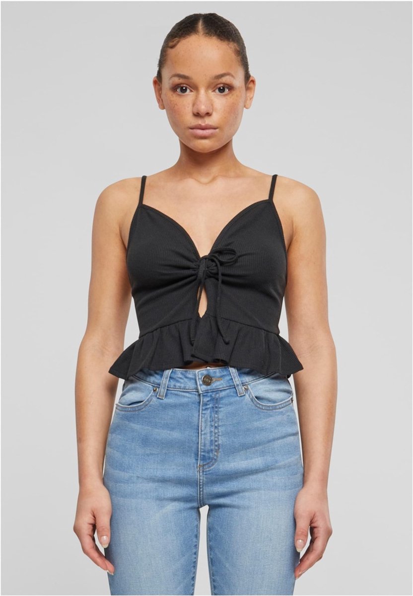 Urban Classics Ladies Waffle Pique Ruffle Top Top 3XL Katoen Dames Basics Zwart