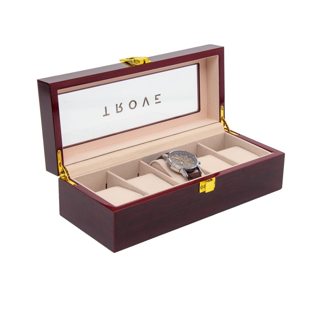 Trove Luxe Horloge Bewaardoos - Houten Opbergdoos rood met Goudaccenten Zachte Binnenkant - 5 Horloges (26,5×11×8 cm)