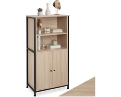 tectake® Houten Wandkast met 2 Vakken en Kast - Boekenkast - Industrieel Design Highboard - Opbergkast voor Woonkamer, Keuken, Kantoor - Zwart Metalen Frame - Afmeting (LxBxH) 60x38x125 cm - Lichtbruin