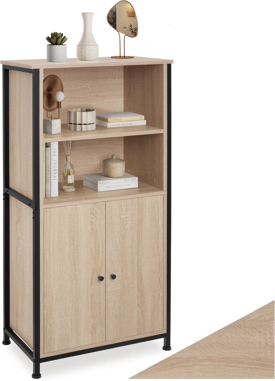 tectake® Houten Wandkast met 2 Vakken en Kast - Boekenkast - Industrieel Design Highboard - Opbergkast voor Woonkamer, Keuken, Kantoor - Zwart Metalen Frame - Afmeting (LxBxH) 60x38x125 cm - Lichtbruin