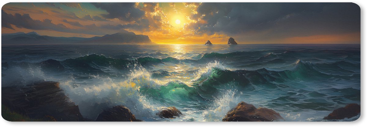 Muismat XXL 90x30 cm - Bureau onderlegger - Bureau mat Zee - Zon - Golven - Rotsen - Bureaumat - Gaming mousepad xl - Bureaulegger groot - Computer deskmat