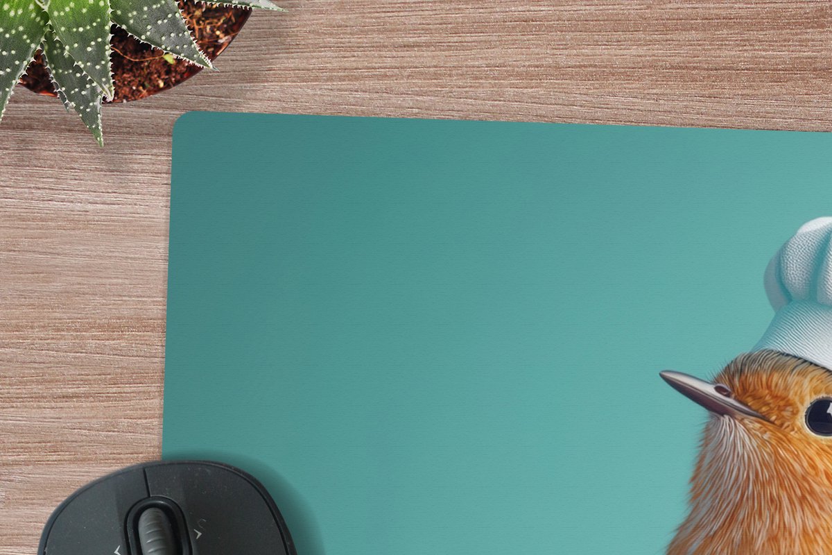 Muismat XXL 80x60 cm - Bureau onderlegger - Bureau mat Roodborstje - Vogel - Koksmuts - Sokkel - Bureaumat - Gaming mousepad xl - Bureaulegger groot - Computer deskmat
