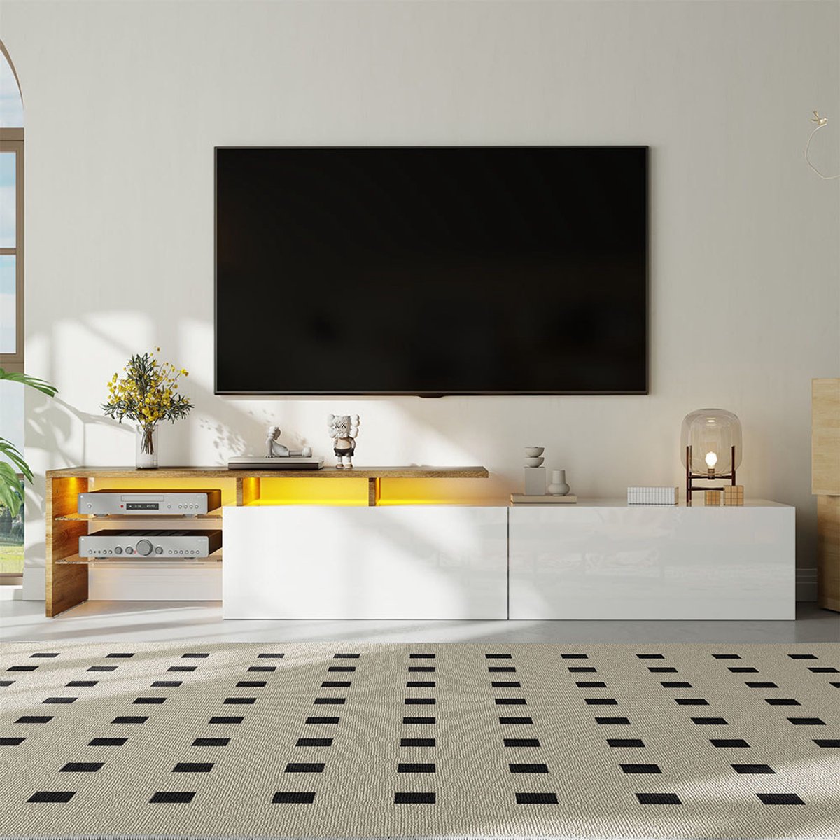 Pugsdrly TV-kast 170 L x 33 B x 33,5 H cm in hoogglans wit met houtlook stijlvolle opbergruimte glazen planken en LED-verlichting