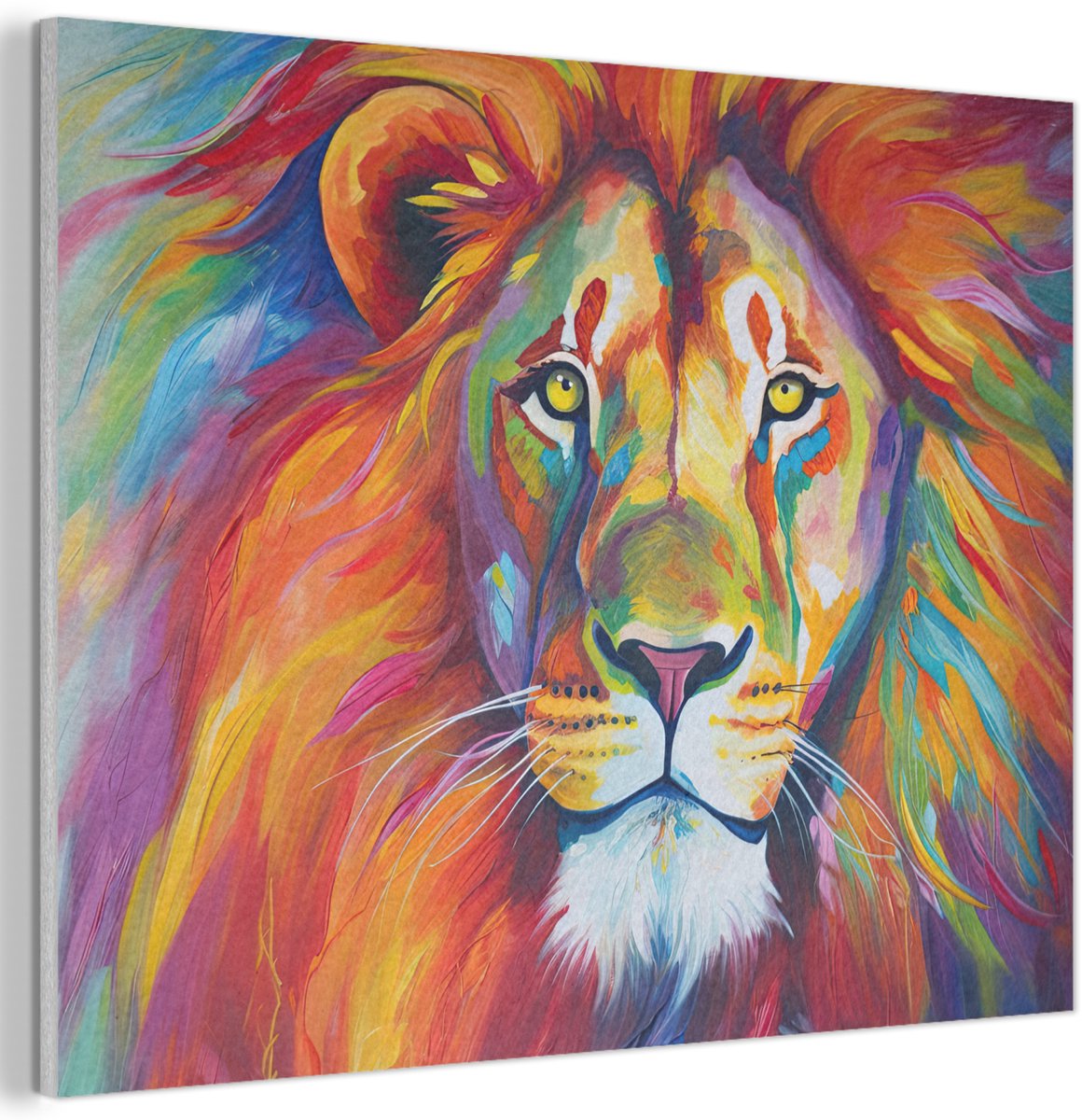 Akoestisch wandpaneel 100x70 cm - Vilt schilderij Leeuw - Dieren - Olieverf - Regenboog - Akoestische panelen - Geluidsdempende wanddecoratie - Geluidsisolatie woonkamer - Muurdecoratie geluidspanelen
