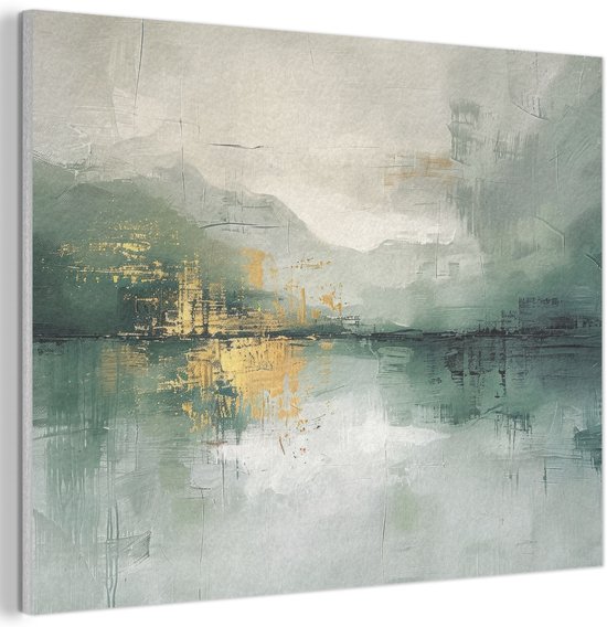 Akoestisch wandpaneel 100x70 cm - Vilt schilderij Groen - Modern - Abstract - Goud - Akoestische panelen - Geluidsdempende wanddecoratie - Geluidsisolatie woonkamer - Muurdecoratie geluidspanelen