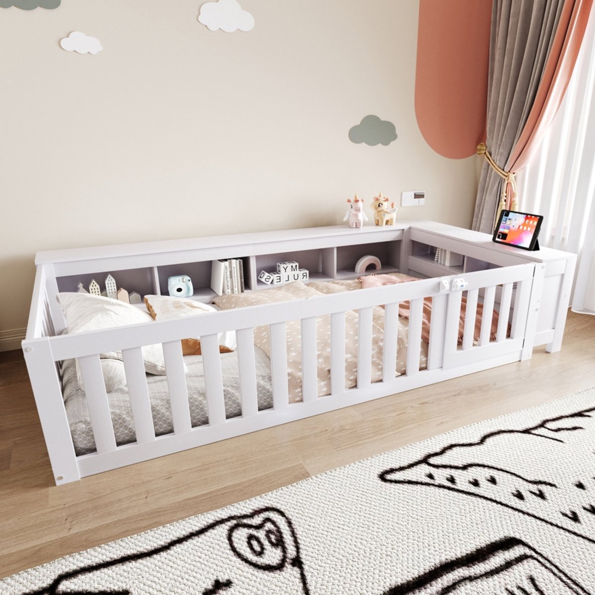 KOMHTOM Multifunctioneel kinderbed 90 x 200 cm, met veel opbergvakken en opbergruimte, met veiligheidshek en deurtje, rondom veiligheidsbescherming, massief houten bed met lattenbodem, eenpersoonsbed, wit