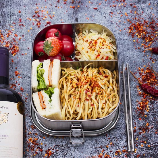 ZHYLUO Lunchbox van roestvrij staal, 1400 ml, met vakken voor kinderen en volwassenen, waterdichte broodtrommel met 2 schuifverdelers, lekvrij ZHYLUO Lunchbox van roestvrij staal, 1400 ml, met vakken voor kinderen en volwassenen, waterdichte broodtrommel met 2 schuifverdelers, lekvrij