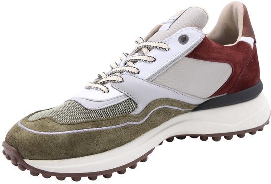 Zijaanzicht van een groen-bruine Floris van Bommel sneaker met suède, mesh en een dikke witte zool.