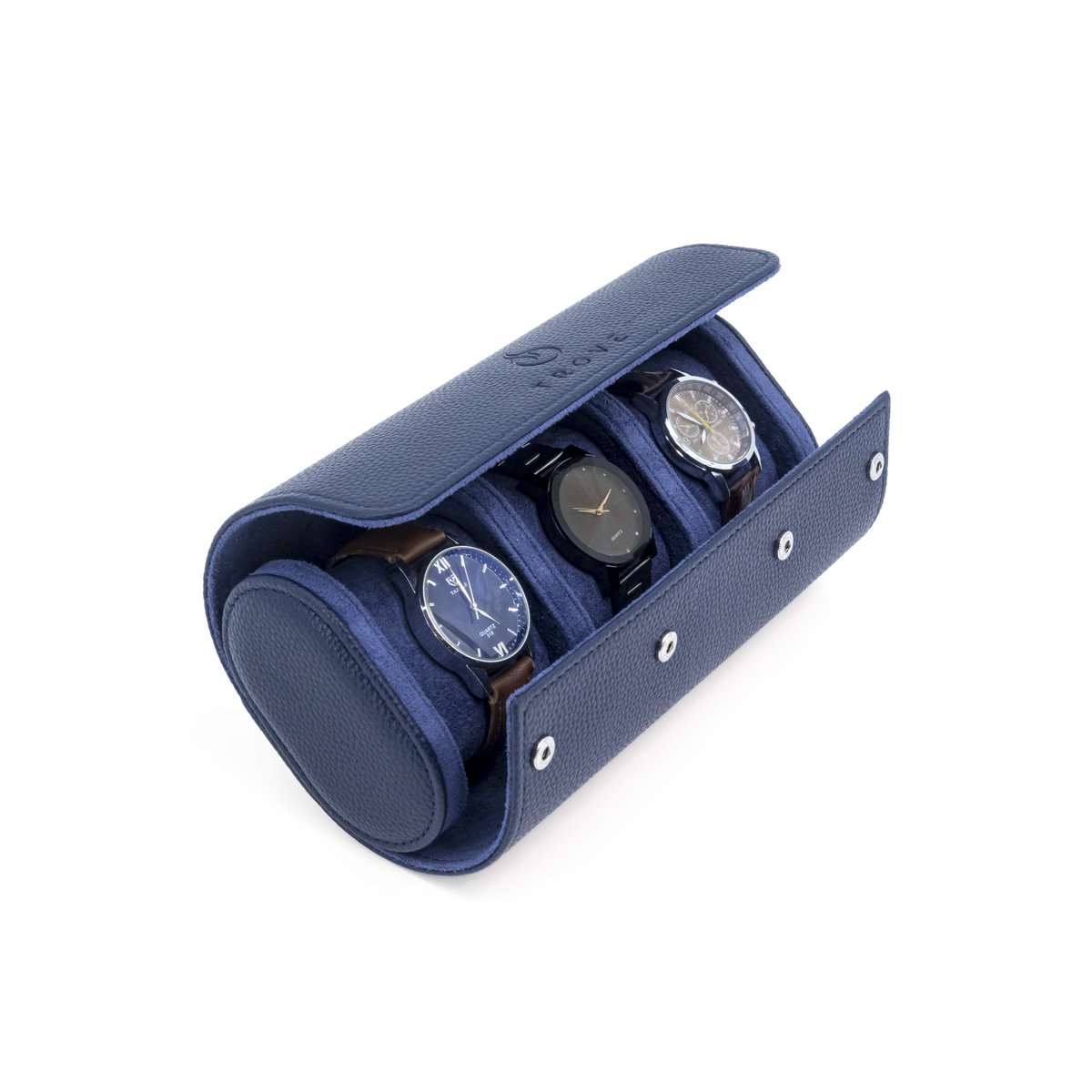 Blauwe Lederen Horlogekoker - Handgemaakt Horloge Etui - Watch Roll voor 3 Horloges - Horlogeopslag met Kliksluiting - Luxe - Trove
