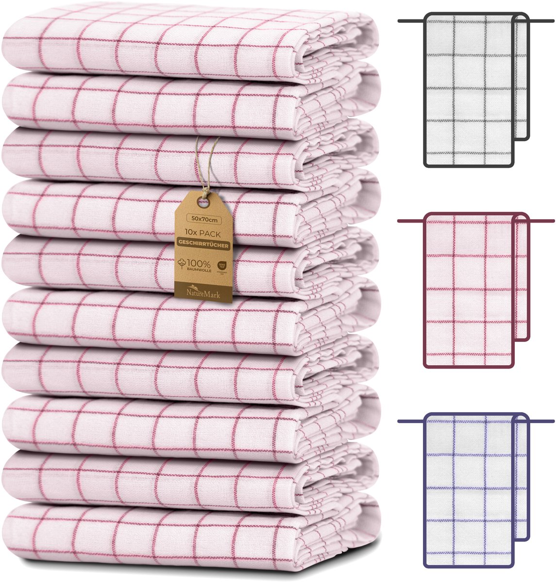NatureMark Pak van 10 theedoeken 50 x 70 cm 100% katoen, rood