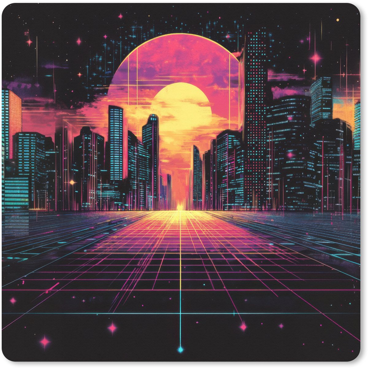 Muismat XXL 80x80 cm - Bureau onderlegger - Bureau mat Stad - Gebouwen - Zon - Geel - Bureaumat - Gaming mousepad xl - Bureaulegger groot - Computer deskmat