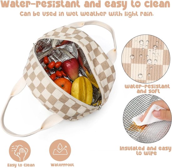 Lunchtas voor mannen en vrouwen, schattige corduroy lunchtas, herbruikbare geïsoleerde lunchbox, grote inhoud, herbruikbare geïsoleerde koelbox voor werk, picknicks of reizen, beige en bruin geruit van FlowFly — afbeelding 2