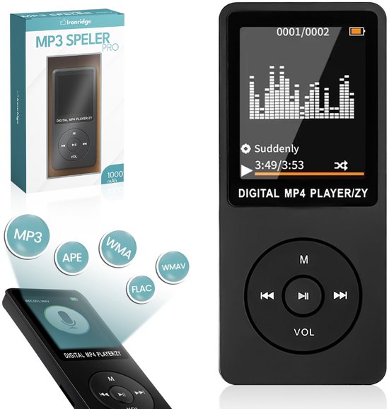 Ironridge® MP3 / MP4 Speler - SD kaart tot 128GB - Ingebouwde Luidspreker, FM Radio, en E-Book Functie - Dicatafoon - Voice recorder - Zwart
