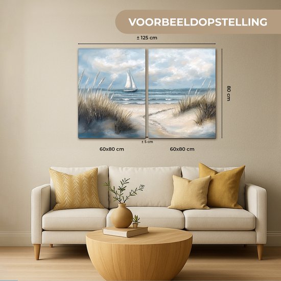 Ensemble de peintures sur toile 120x80 cm - Décoration murale diptyque - Plage - Peinture - Nature - Bateau - Décoration murale murale salon - Décoration chambre - Accessoires chambre - Peintures sur toile