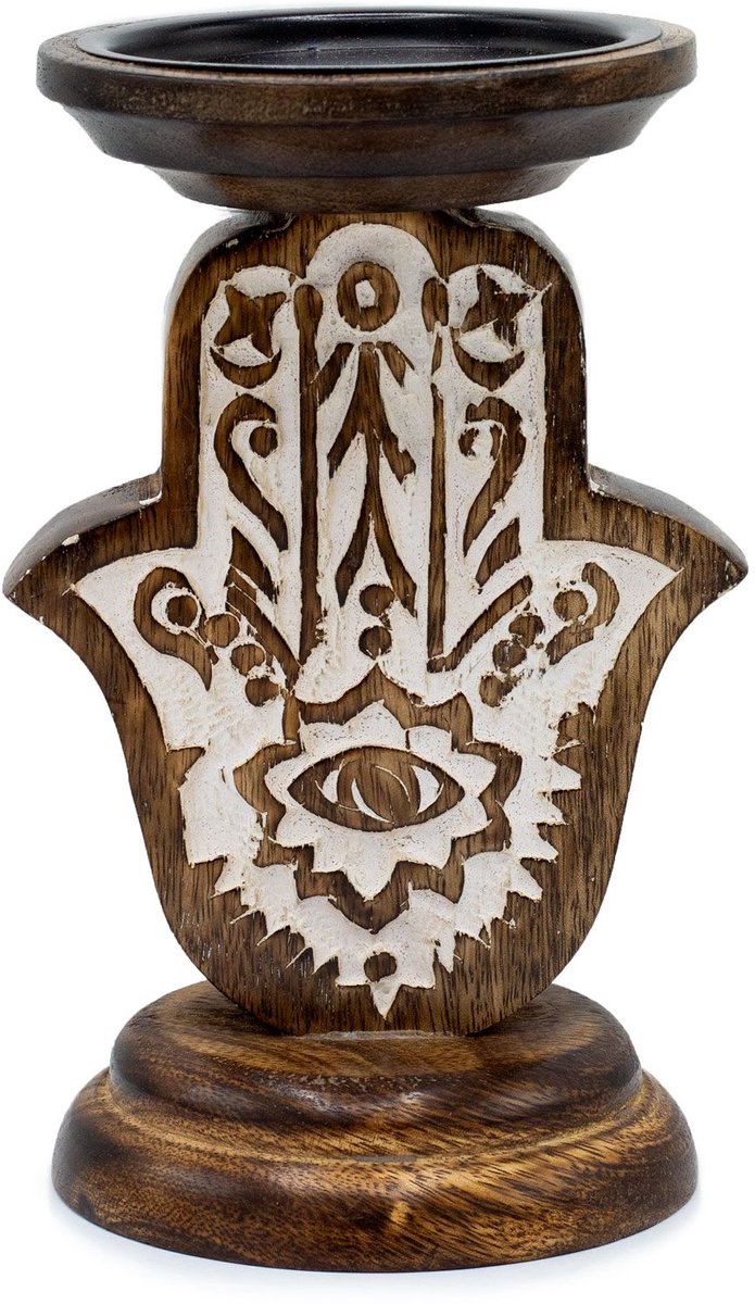 Ancient Wisdom Mangohouten kaarsenstandaard - Hamsa - Klein 18x11cm multicolor
