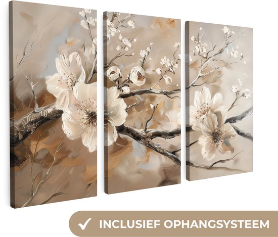 Drieluik schilderij met beige bloesemtakken op een witte achtergrond, inclusief ophangsysteem.