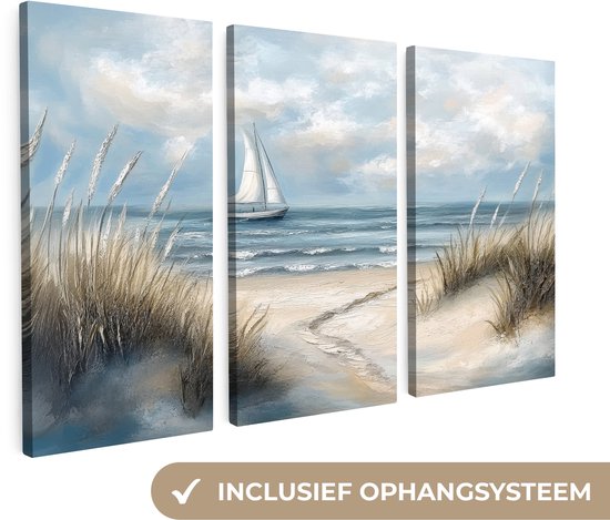 Ensemble de peintures sur Décoration murale triptyque - Plage - Peinture - Nature - Bateau - Décoration murale murale salon - Décoration chambre - Accessoires chambre - Peintures sur toile