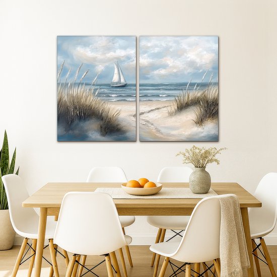 Ensemble de peintures sur toile 120x80 cm - Décoration murale diptyque - Plage - Peinture - Nature - Bateau - Décoration murale murale salon - Décoration chambre - Accessoires chambre - Peintures sur toile