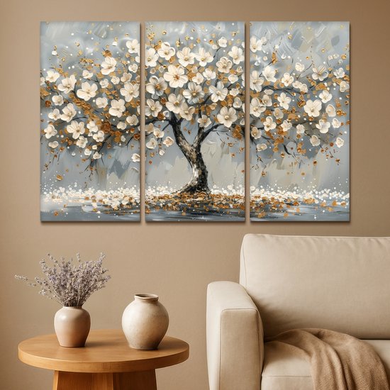 Ensemble de peintures sur toile 120x80 cm - Décoration murale triptyque - Arbre - Abstrait - Wit - Fleur - Décoration murale salon - Décoration chambre - Accessoires chambre - Peintures sur toile