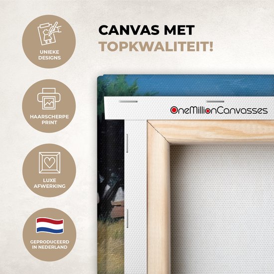 Tableau sur toile 120x80 cm - Décoration murale Chemin de sable - Maison - Arbres - Pelouse - Décoration murale salon - Décoration chambre - Accessoires chambre - Peintures sur toile