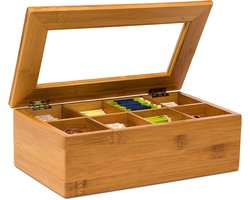 Doodadeals® Theedoos Hout - Thee Organizer Bamboe - Thee Doos 12 vaks - doorzichtige deksel - 9x41x16 cm