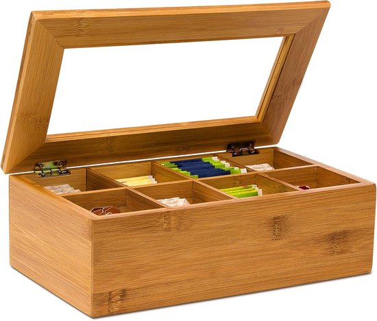 Doodadeals® Theedoos Hout - Thee Organizer Bamboe - Thee Doos 12 vaks - doorzichtige deksel - 9x41x16 cm