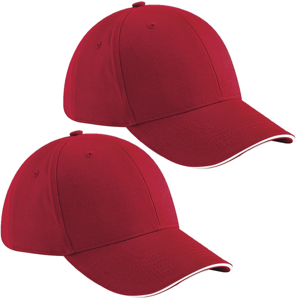 Beechfield 6 panel baseballcap - 2x - rood/wit -