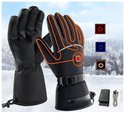 Zwarte verwarmde handschoenen met gloeiende verwarmingslijnen, een aan/uit-knop met lichtindicatie en een batterijpakket.