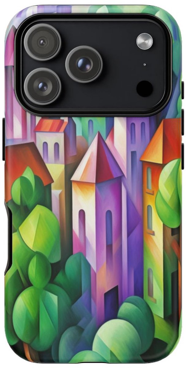 Abstract Kubistisch Dorp met Groen – Telefoonhoesje Geschikt voor iPhone 17 Pro