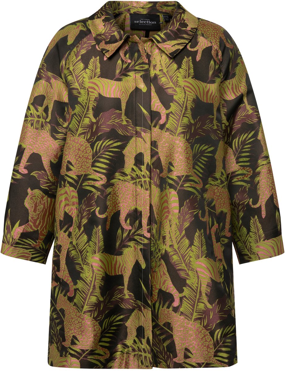 Ulla Popken - Dames - Jas jacquard patroon overhemdkraag drukknopen - Zwart - Maat 54+