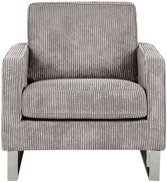 Grijze corduroy fauteuil met verchroomde metalen poten, van voren gezien.