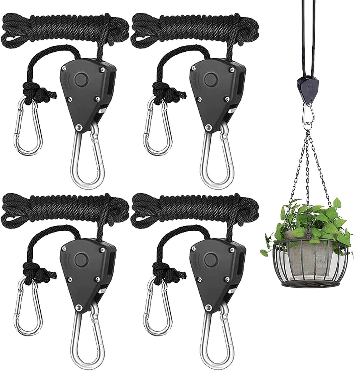 Touwratel met haken - 4 stuks ratelhangers - 2 m verstelbaar touw - ratelhanger - 1/8 inch ratelhanger - kabelratel - verstelbaar ophangen - voor hangende tent - groeien en plantenlamp - zwart - multifunctioneel tuinaccessoire